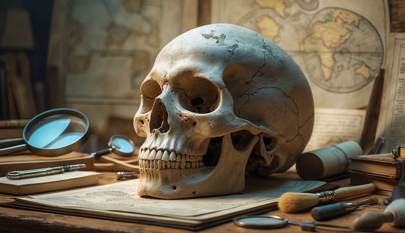 An ancient elongated skull on a table surrounded by scientific tools and old maps, suggesting an archaeological investigation.