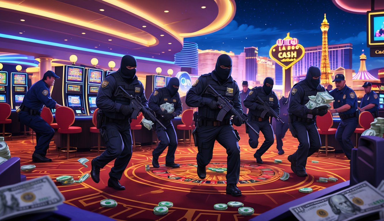A chaotic scene inside a Las Vegas casino where masked robbers are stealing cash while security guards react urgently, with the Las Vegas Strip visible outside at night.