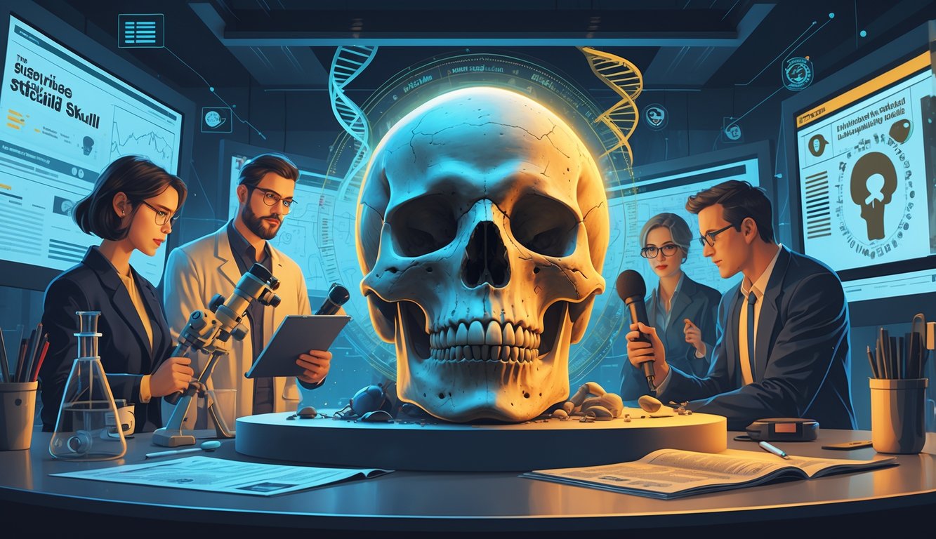 A detailed scene showing the unusual Starchild Skull on a pedestal surrounded by scientists, journalists, and media elements like film reels and newspapers, set in a research lab mixed with a media studio.