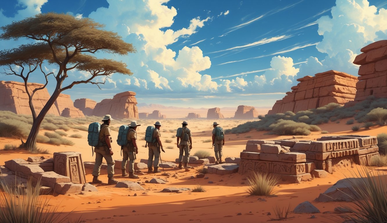 Explorers examining ancient stone ruins in the sandy Kalahari Desert surrounded by sparse trees and distant dunes under a bright sky.