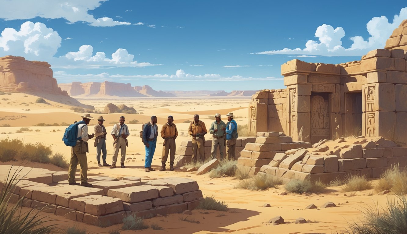 Explorers examining ancient ruins in the Kalahari Desert with others discussing nearby, surrounded by sand dunes and desert vegetation.