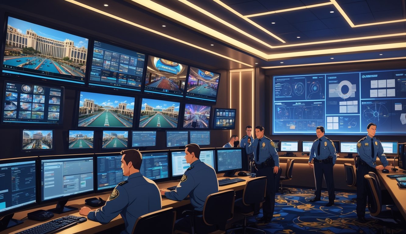 Security personnel and detectives monitoring surveillance footage and analyzing evidence in a casino control room during a cash heist investigation.