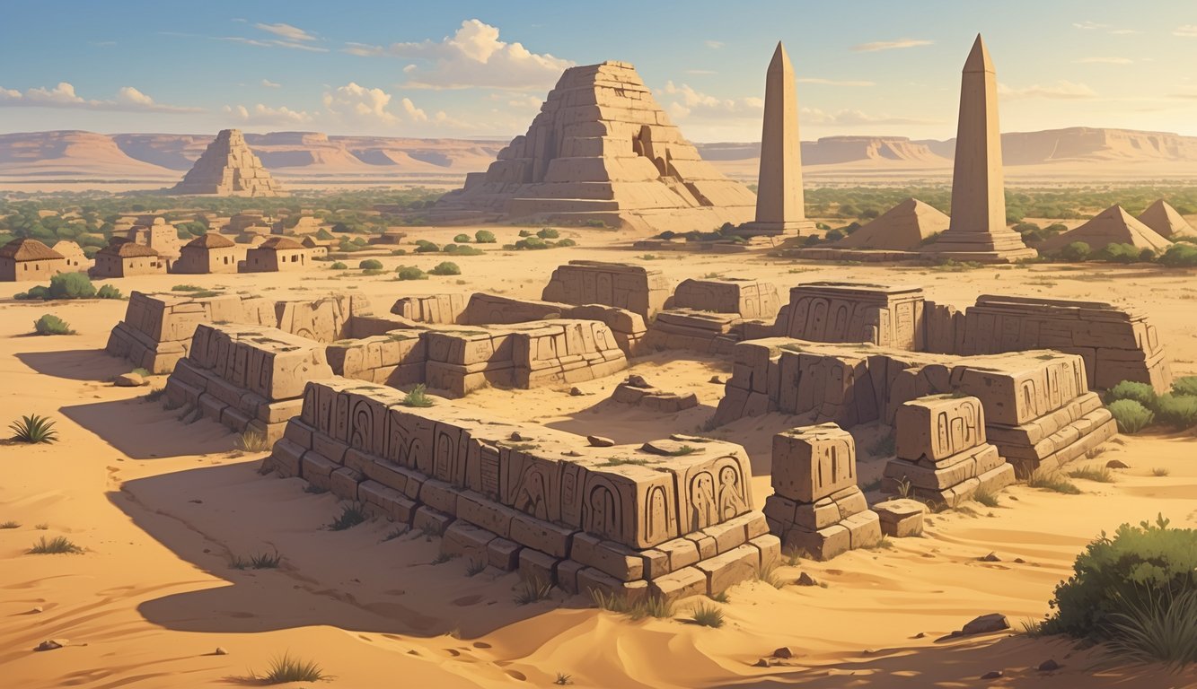 An ancient desert landscape with partially uncovered stone ruins surrounded by scenes of other ancient African cities including mud-brick buildings, pyramids, and traditional huts.