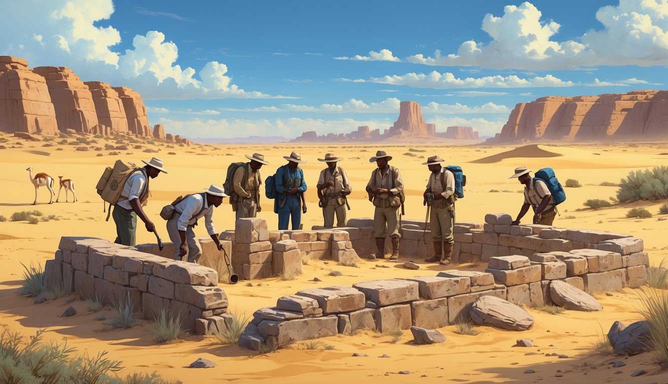 Explorers examining ancient stone ruins in the Kalahari Desert with sand dunes and a distant silhouette of a mythical city on the horizon.
