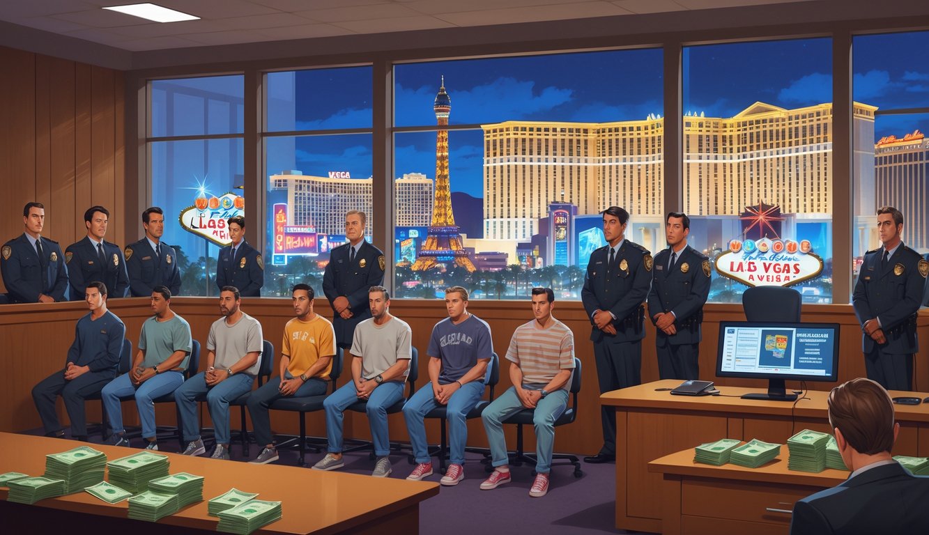 A courtroom scene with accused robbers, security officers, and a judge, with the Las Vegas Strip visible through a window behind them.