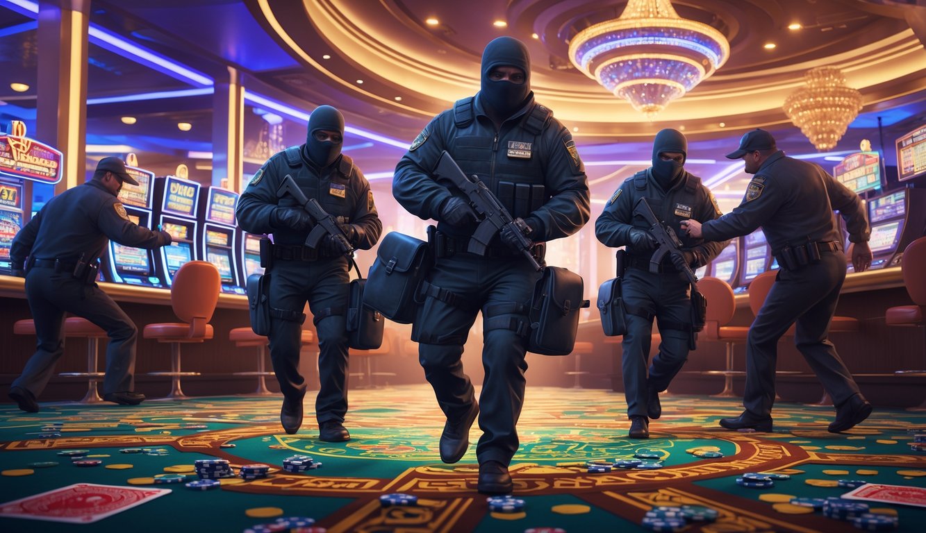 Masked robbers stealing cash inside a busy Las Vegas casino with security guards reacting and casino elements visible in the background.