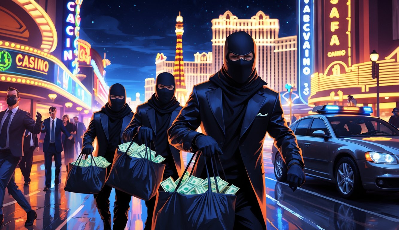 Masked robbers carrying bags of cash inside a brightly lit Las Vegas casino with neon signs and startled people nearby.