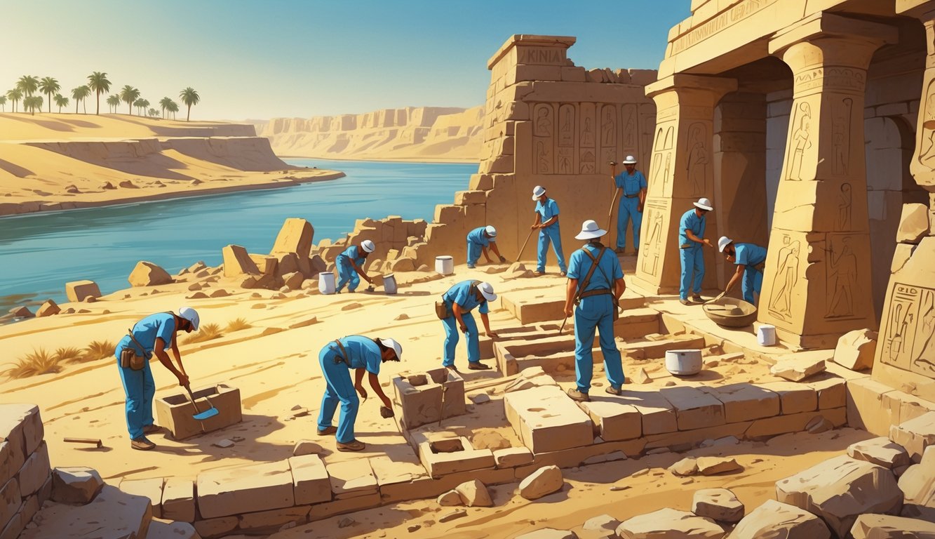 Archaeologists excavating ancient ruins near the Nile River in Egypt, searching for Cleopatra’s tomb.