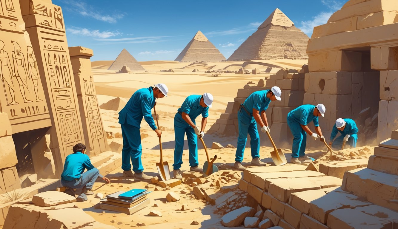 A group of archaeologists excavating near ancient Egyptian ruins with pyramids and the Nile River in the background.