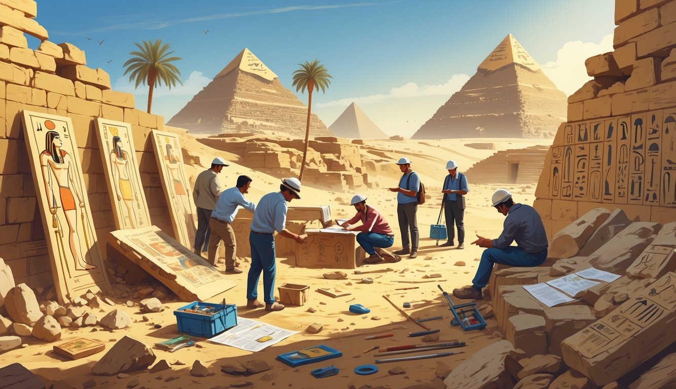 Archaeologists exploring ancient Egyptian ruins near the Nile River with pyramids in the background, examining artifacts and using modern equipment.