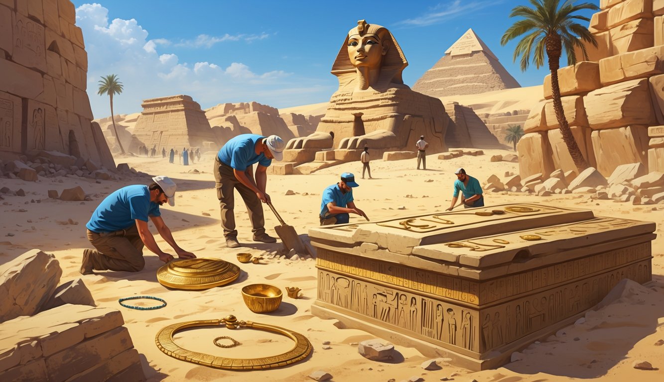 Archaeologists excavating an ancient Egyptian desert site with pyramids and the Sphinx in the background, uncovering artifacts near a partially buried stone sarcophagus.