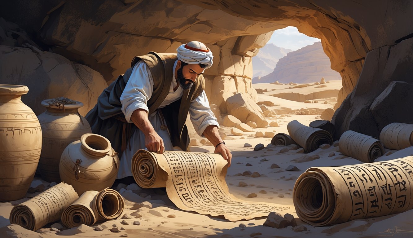 A scholar carefully unrolling ancient scrolls inside a rocky cave with clay jars and a desert landscape visible outside.