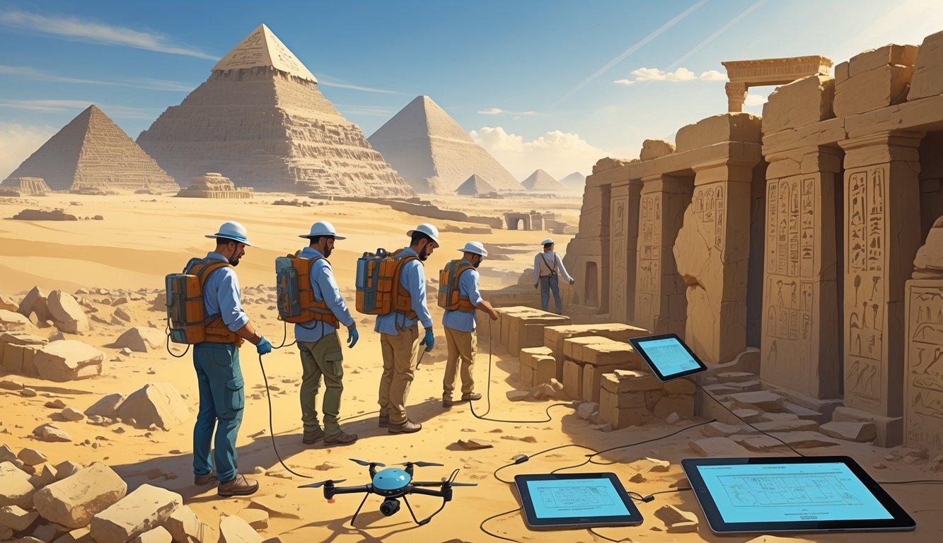 Archaeologists exploring an ancient Egyptian site near pyramids and the Nile, using modern equipment to search for Cleopatra’s tomb.