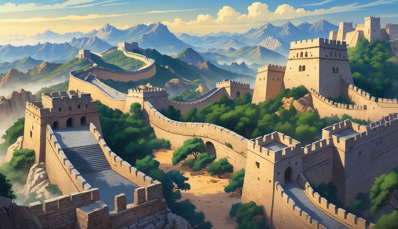 A panoramic view of ancient fortifications including the Great Wall of China, a medieval European castle, a Middle Eastern fortress, and a wooden palisade fort in a forest.