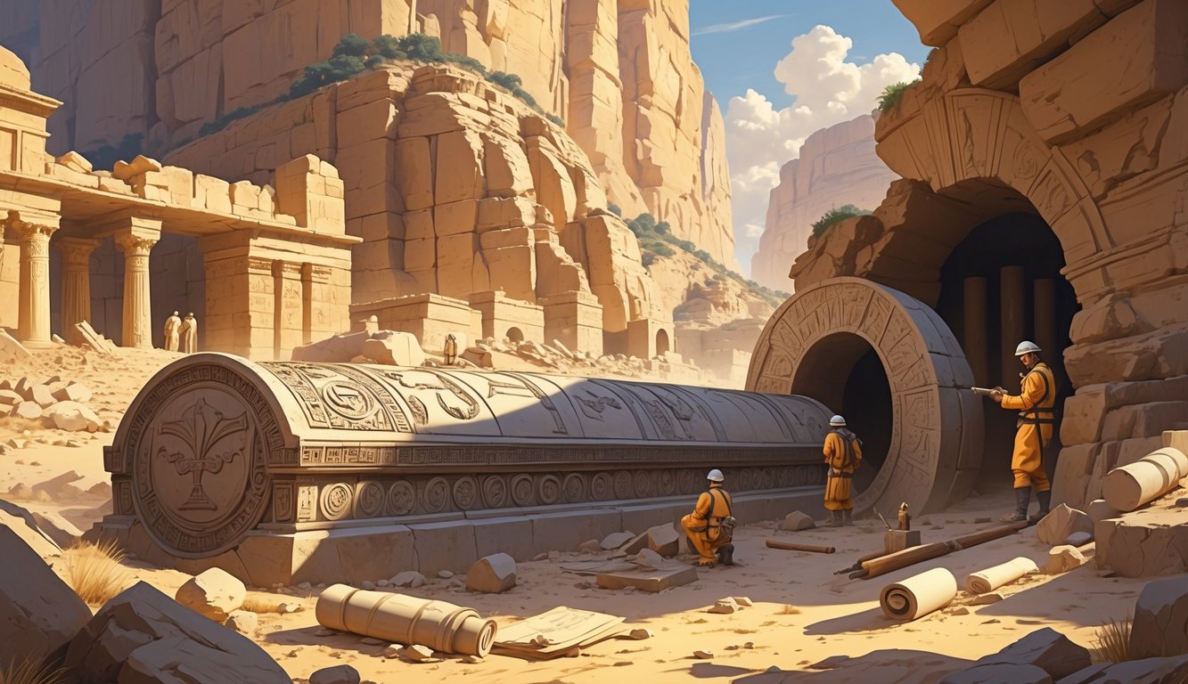 An archaeological excavation site in a desert where experts uncover a large ancient stone sarcophagus surrounded by ruins and cliffs.