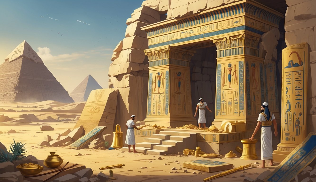 Archaeologists uncovering an ancient ornate tomb entrance with hieroglyphs and Greek motifs in a desert setting near pyramids and the Nile River.