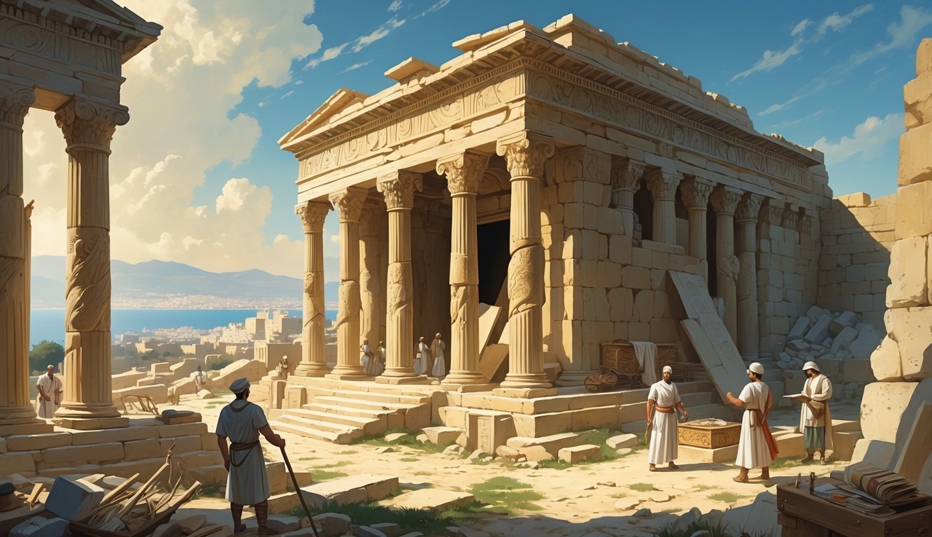 An ancient tomb complex with columns and statues, archaeologists examining artifacts nearby, and the city of Alexandria with the sea in the background.