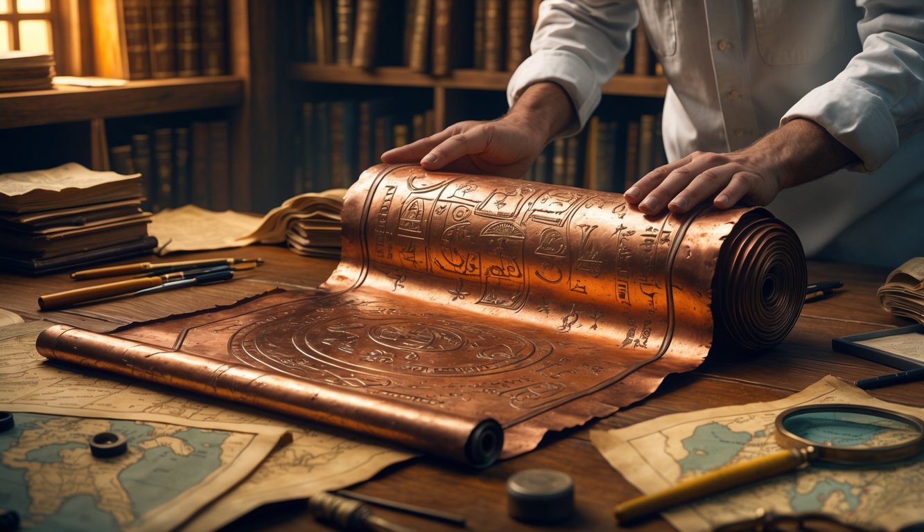 An archaeologist examining an ancient copper scroll with engraved symbols on a wooden table surrounded by tools and artifacts in a dimly lit study.