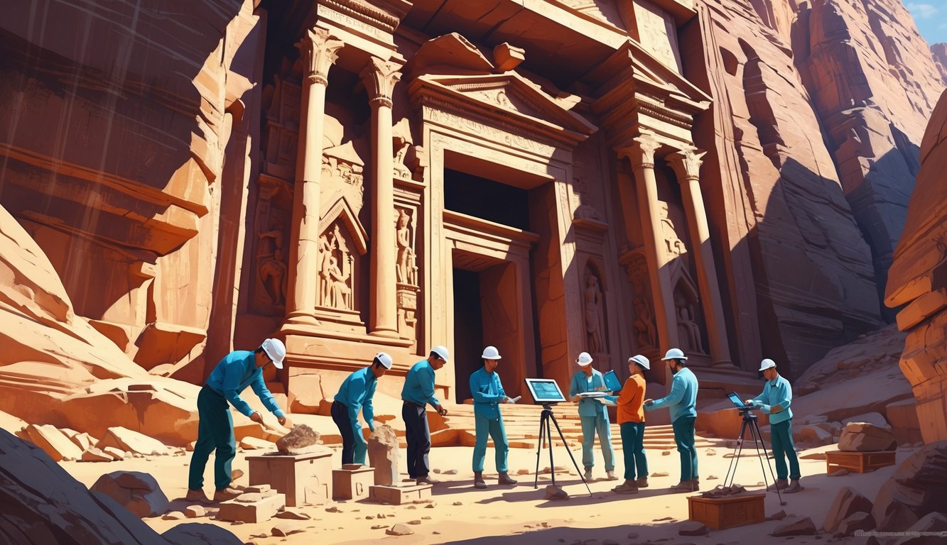 A group of archaeologists and technicians uncover a hidden tomb entrance in the sandstone cliffs of Petra, working with excavation tools and advanced equipment.