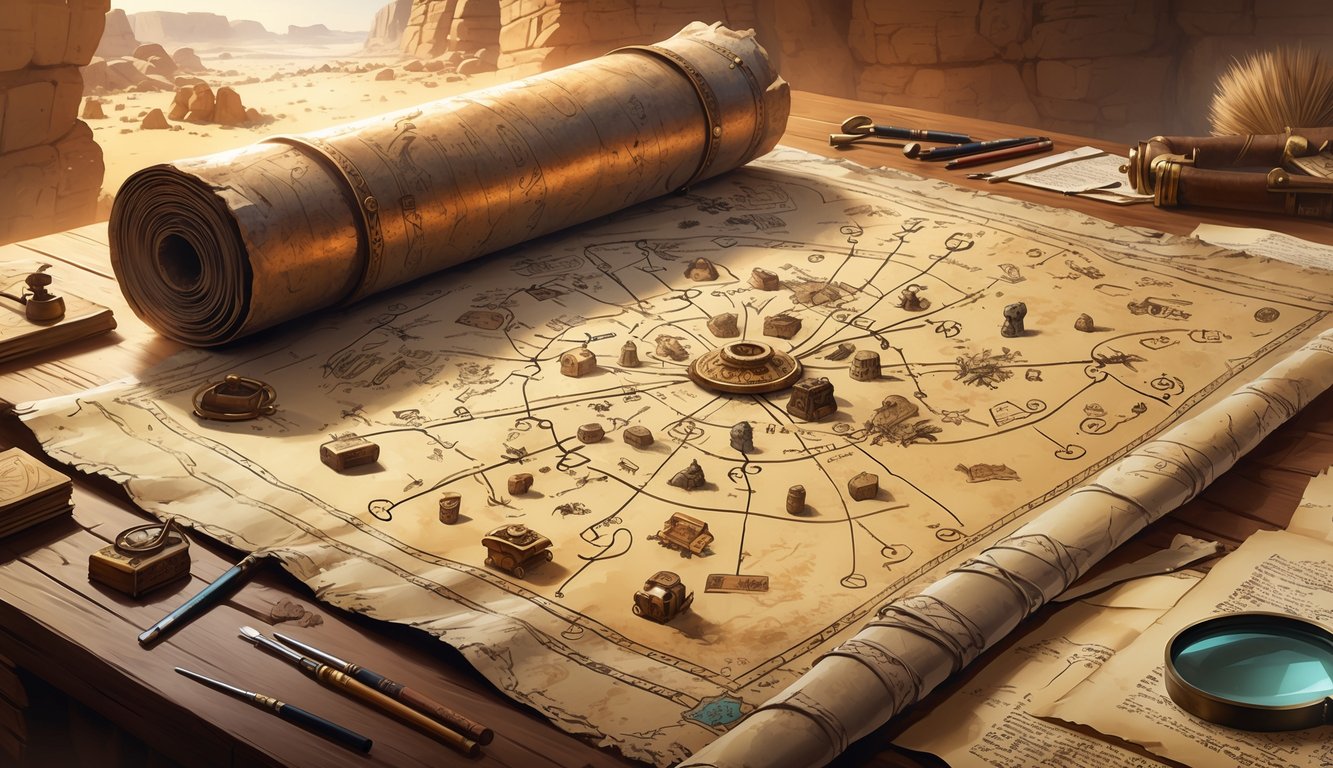 An ancient treasure map on a wooden table showing many marked locations, surrounded by archaeological tools and faint images of ruins and desert landscapes.