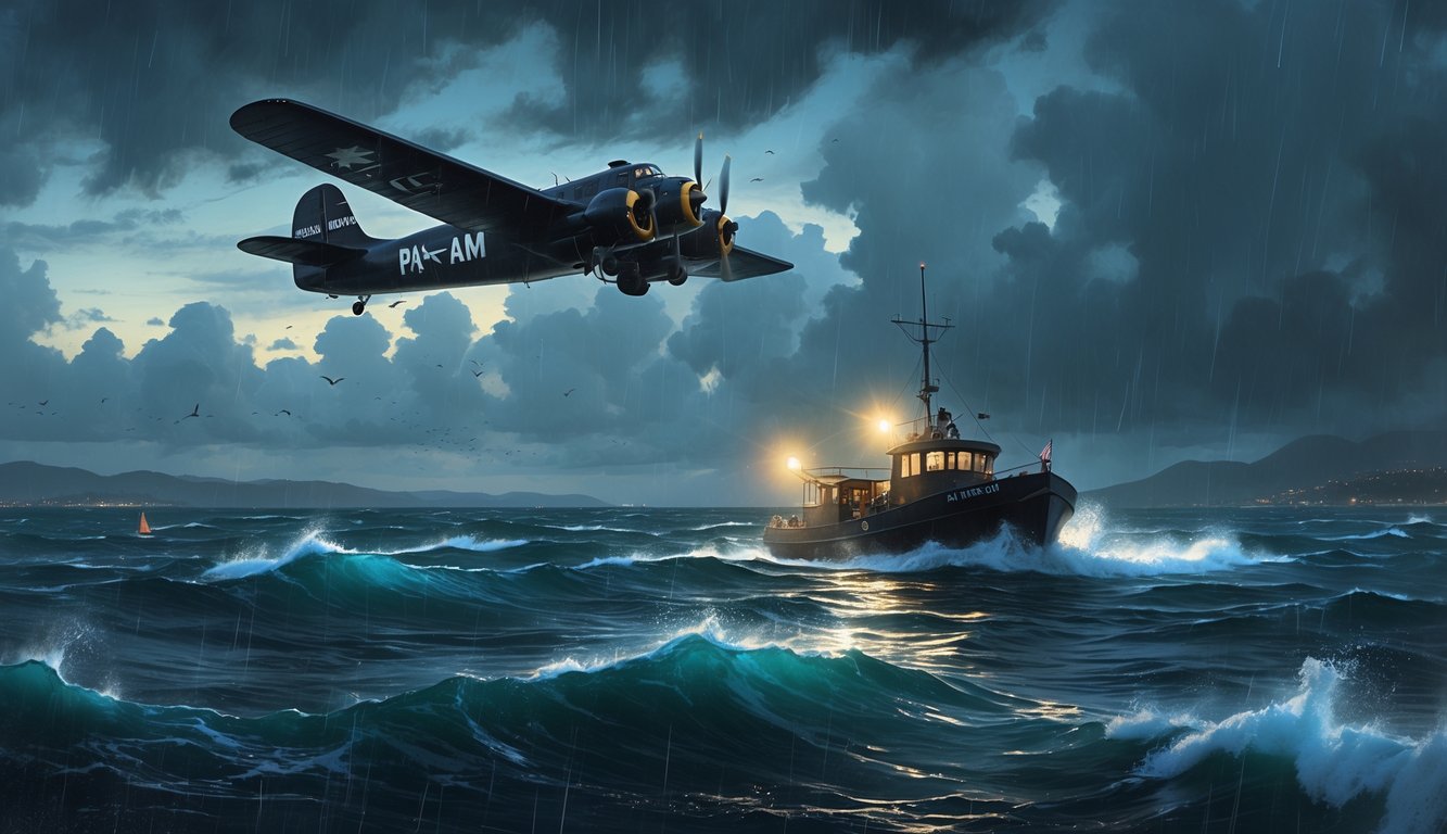A vintage Pan Am flying boat flies over rough ocean waves near Puerto Rico, with a small search boat navigating stormy seas below under a cloudy sky.