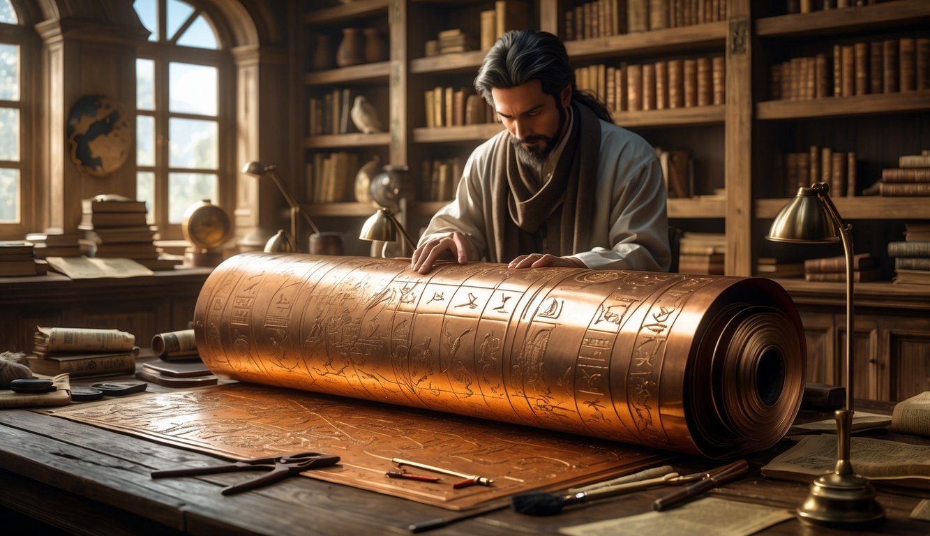 Scholars carefully examining and preserving an ancient copper scroll with engraved symbols and maps on a wooden table in a research room filled with books and artifacts.