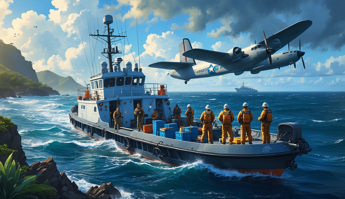 A research ship on rough seas near Puerto Rico with a team using search equipment to find a missing airplane, with rocky coastline and tropical plants in the background.