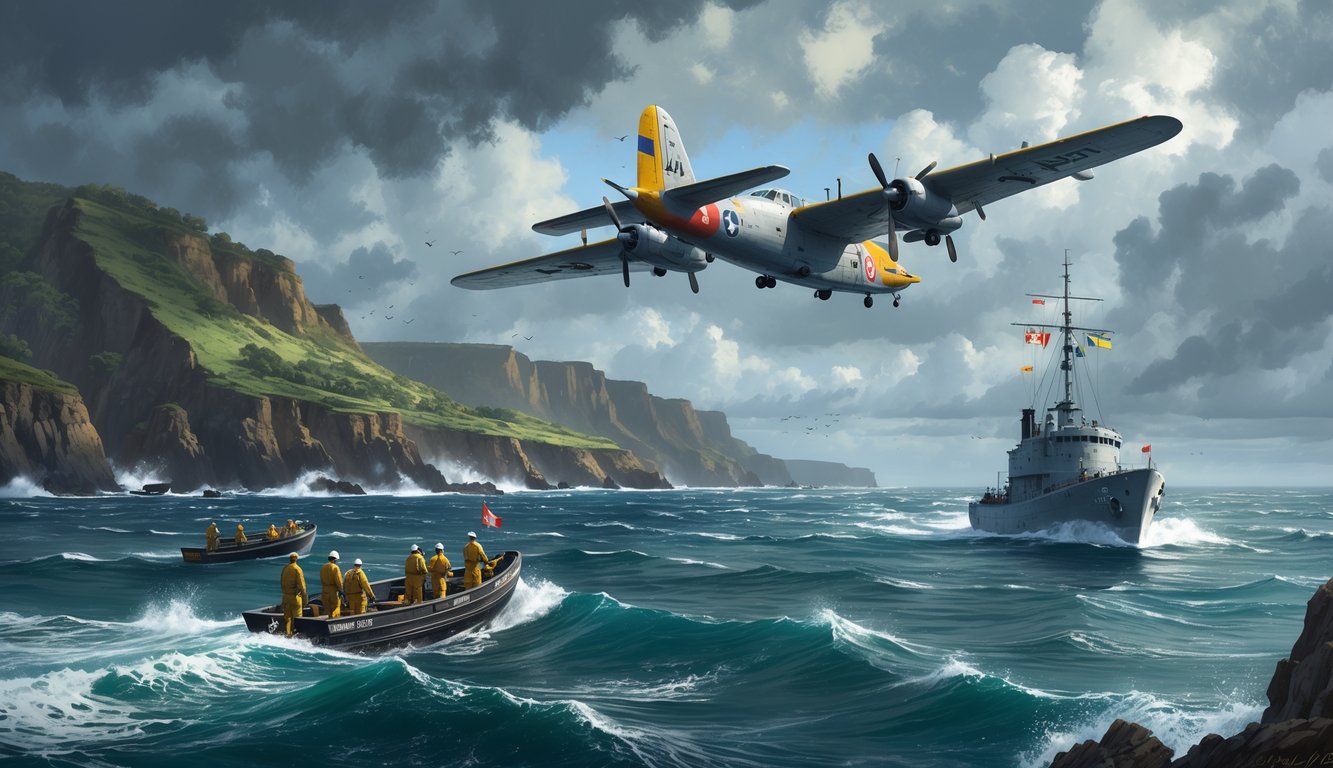 Rescue boats searching rough seas near Puerto Rico with a vintage flying boat overhead and crew members looking for a missing plane.