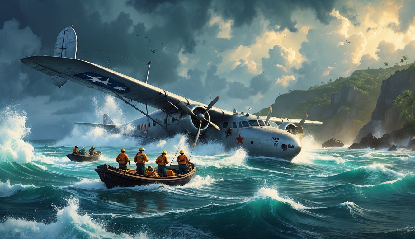 Rescuers in boats searching stormy seas near Puerto Rico for a missing seaplane.