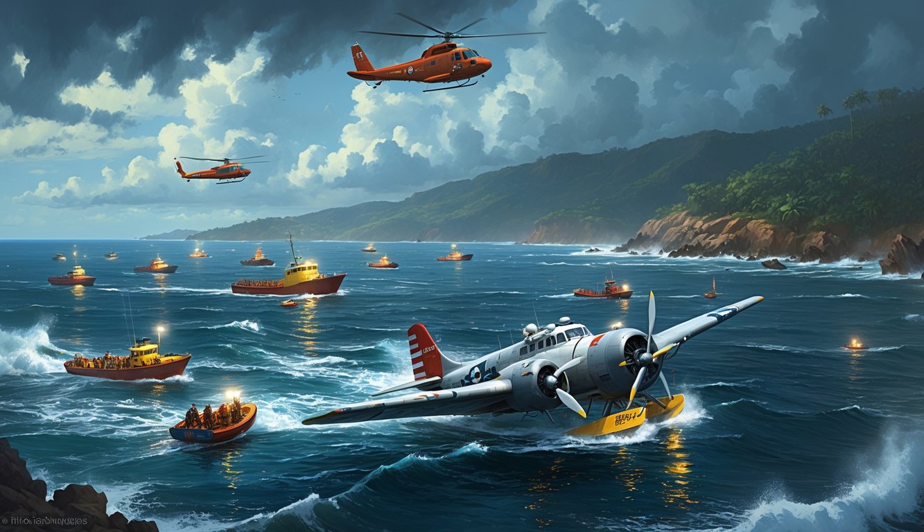 Rescue boats and helicopters searching turbulent seas near a tropical coastline for a missing vintage flying boat.