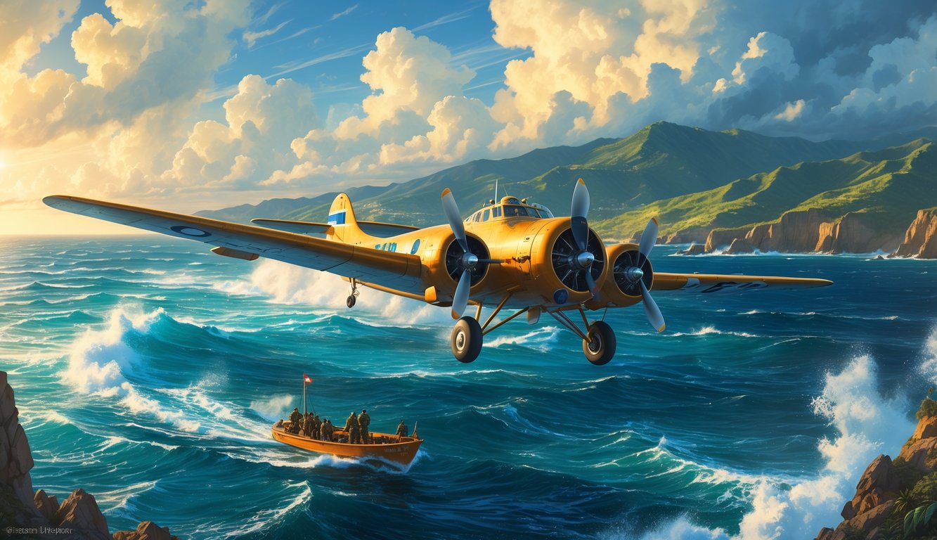 A Pan Am Clipper seaplane flies over rough seas near Puerto Rico with a rescue boat below and a rugged coastline in the background.