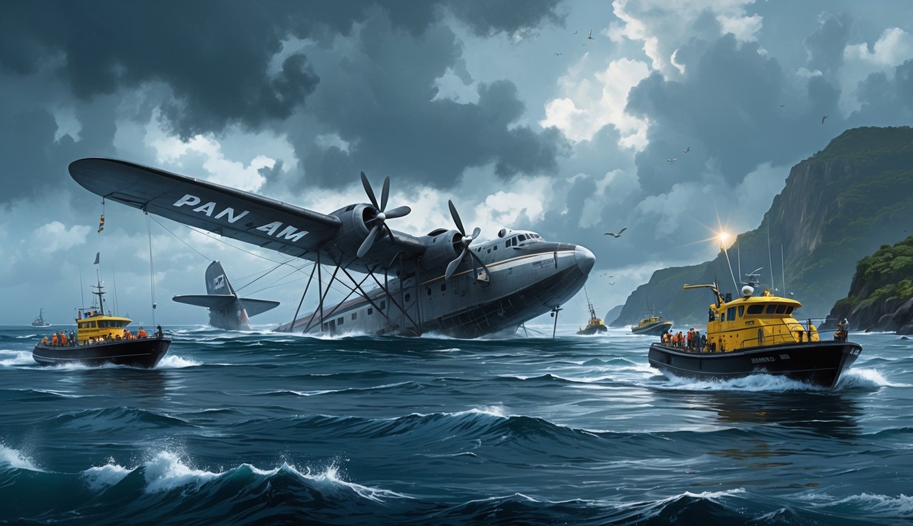 Rescue boats searching stormy seas near Puerto Rico's coastline for a missing vintage Pan Am flying boat.