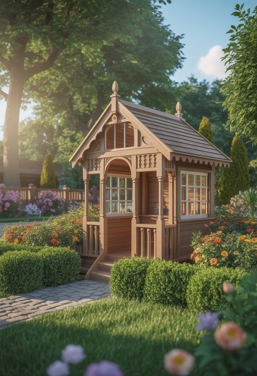 A Victorian-style garden playhouse surrounded by blooming flowers and greenery under a sunny sky.