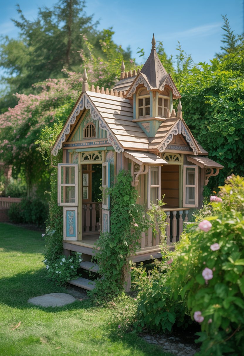 A wooden children's playhouse with turrets surrounded by a garden with flowers and trees.