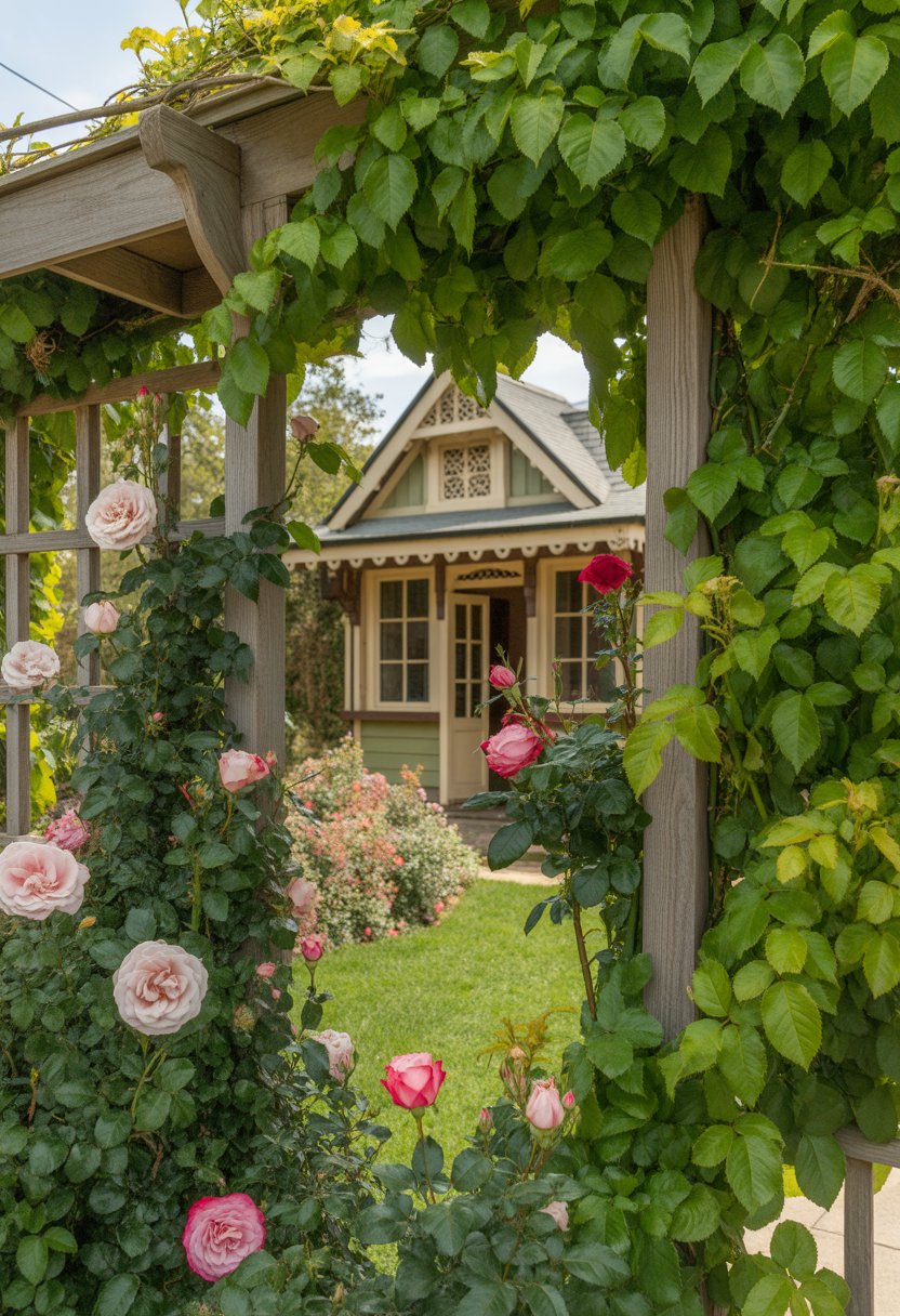 A Victorian-style garden playhouse surrounded by climbing roses and ivy on wooden trellises in a lush garden.
