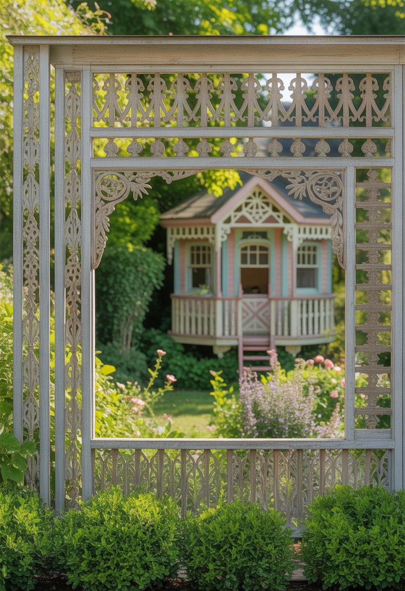 A garden with a detailed lattice fence surrounding a small Victorian-style playhouse, surrounded by flowers and greenery.