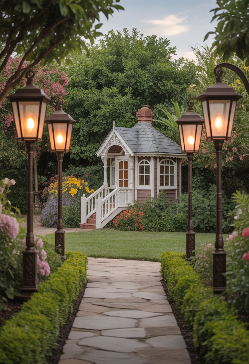 A garden pathway lined with vintage lanterns leading to a small playhouse surrounded by plants and flowers.