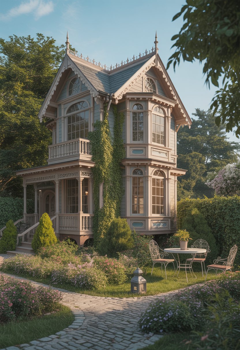 A multi-level Victorian mansion playhouse surrounded by a garden with flowers, shrubs, and trees under a clear sky.
