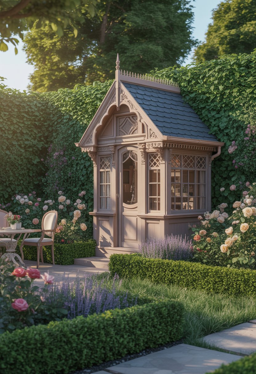 A Victorian-style garden playhouse surrounded by colorful flowers and greenery with a stone path leading to its entrance.