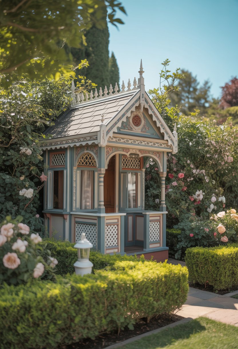 A small decorative playhouse in a garden surrounded by flowers, greenery, and a stone pathway.