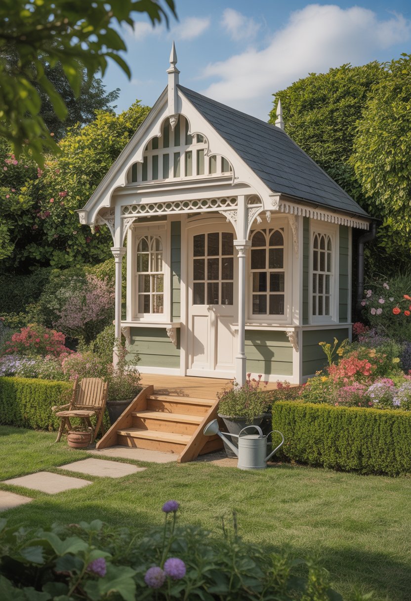 A Victorian-style garden playhouse surrounded by colorful flowers and greenery on a sunny day.