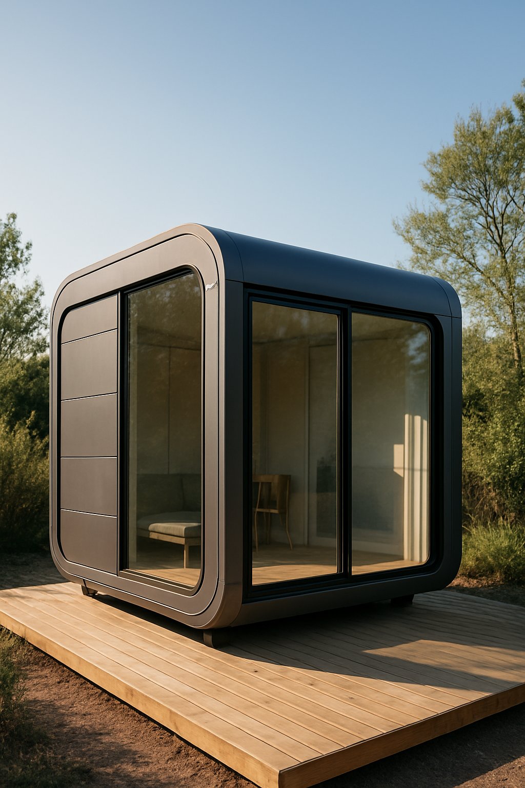 A modern mobile cabin pod container with large windows on a wooden deck surrounded by trees and greenery.