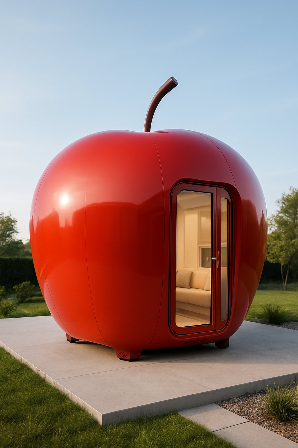 A modern red apple-shaped mobile cabin pod container standing outdoors on a concrete platform surrounded by grass under a clear sky.