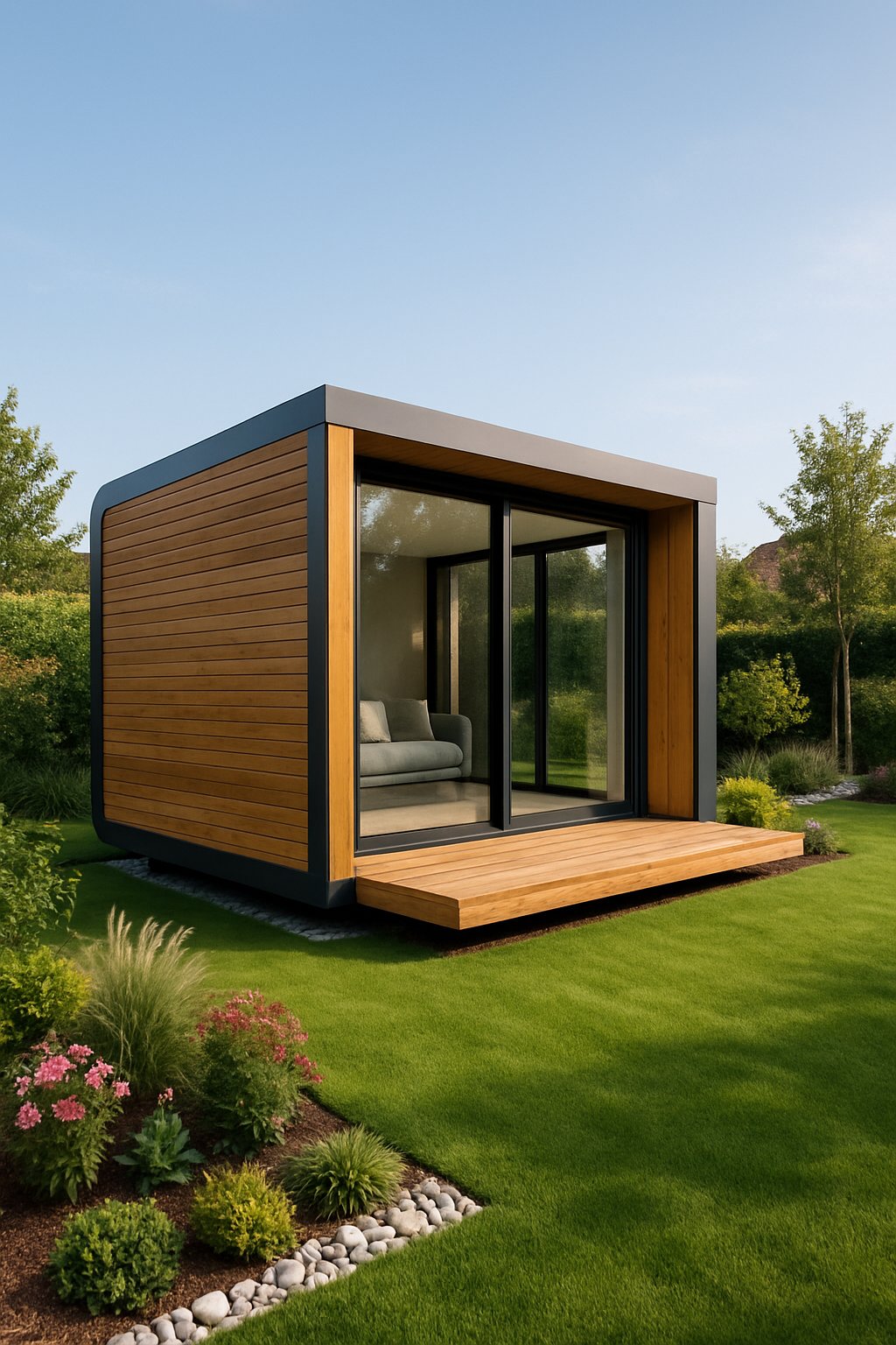 A modern luxury garden pod surrounded by greenery in a garden setting.