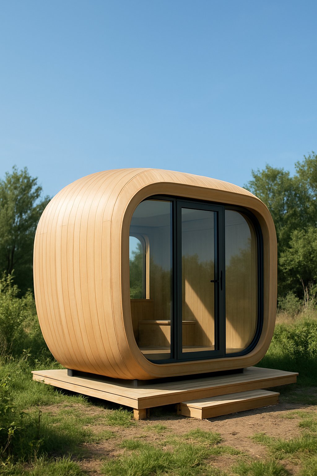 A modern eco-friendly mobile cabin shaped like an apple pod set outdoors surrounded by greenery.