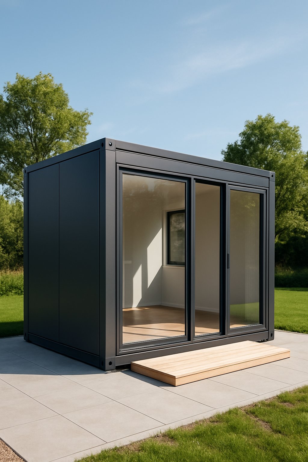 A modern 20ft modular pod house container with large windows set outdoors on a grassy area with trees and a clear sky.