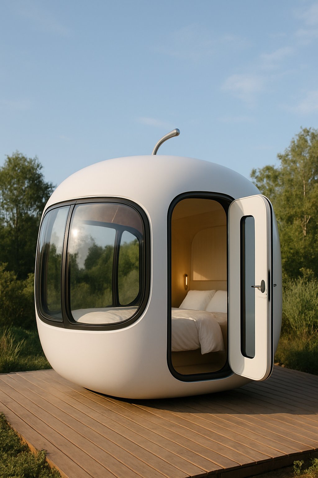 A small, modern mobile cabin shaped like an apple on a wooden deck surrounded by greenery with a clear sky in the background.