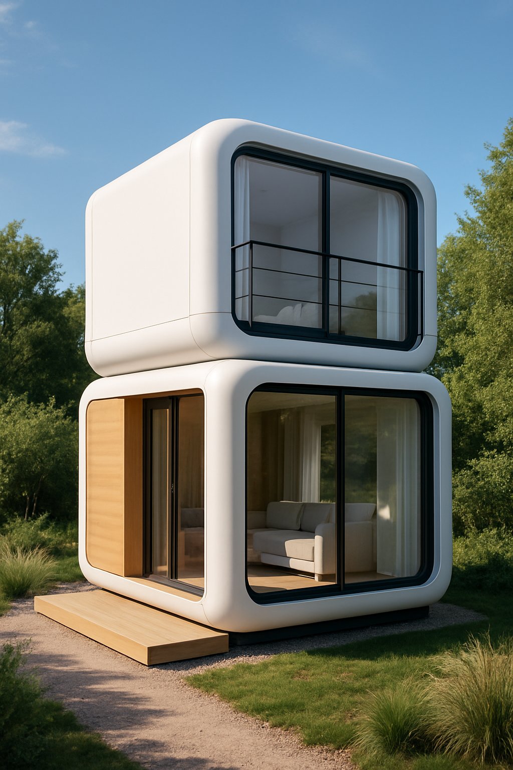 A two-story modern modular cabin with large windows surrounded by greenery under a clear sky.