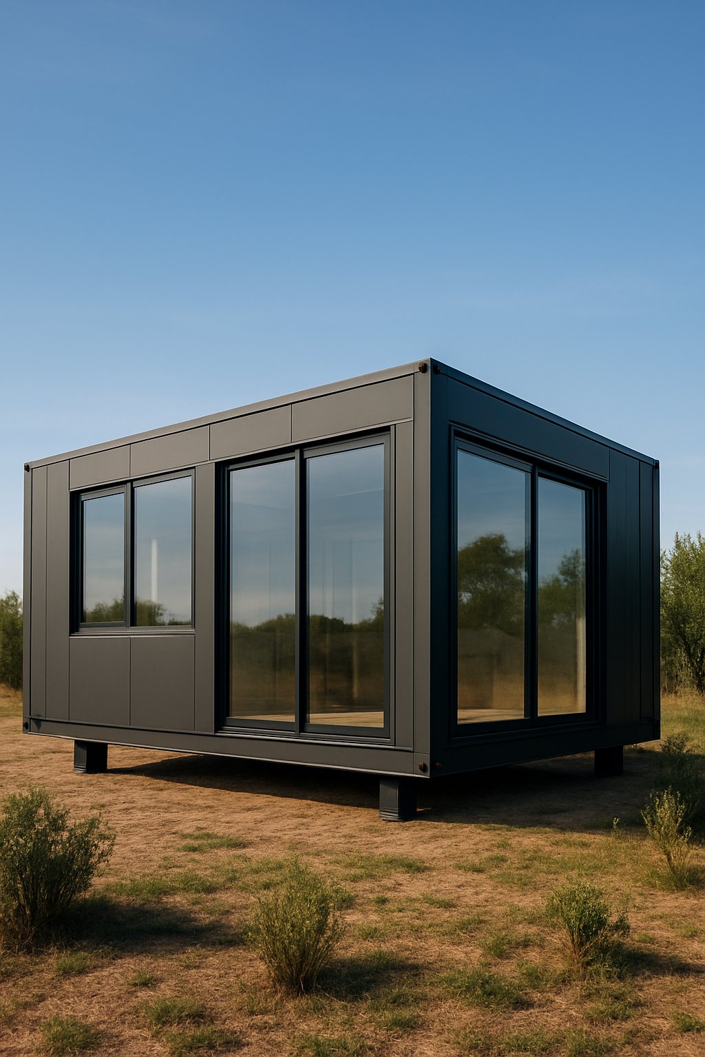 A modern 40-foot mobile cabin on a grassy field under a clear blue sky.
