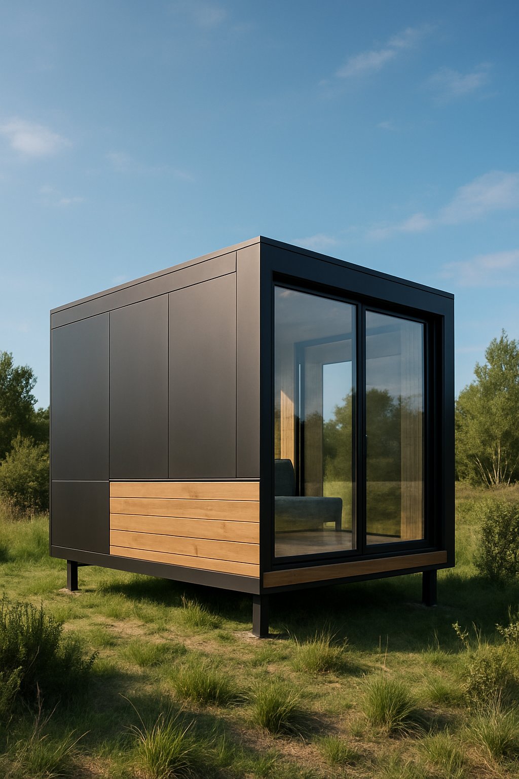 A modern pod container mobile cabin with large windows set outdoors on grass under a clear sky.